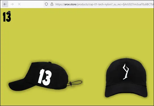Screenshot of the aroe.store product page showing two black caps, one marked “13” and one with a stylised device, on an olive background