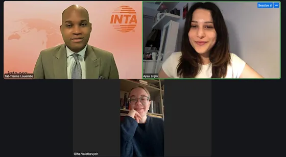 Video call screenshot of the panel: Tat-Tienne Louembe against an INTA background, Aysu Ergin, and Olha Volotkevych