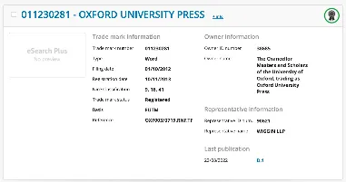 EUIPO veri tabanında OXFORD UNIVERSITY PRESS markasının 011230281 numaralı Avrupa Birliği tescil kaydı