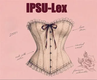IPSU-Lex için çizilmiş korse ilüstrasyonu; dantel bordür, daraltılmış bel ve ten rengi ipek saten detayları etiketlenmiş