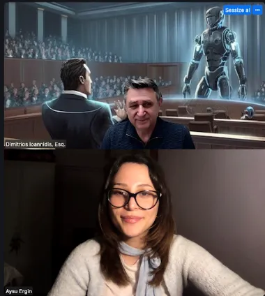 Video call screenshot: Dimitrios Ioannidis speaking with a virtual courtroom background featuring a humanoid robot, with Aysu Ergin in the tile below