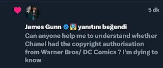 X bildirimi: James Gunn, Chanel’in Warner Bros ve DC Comics’ten telif izni alıp almadığını soran yanıtı beğenmiş