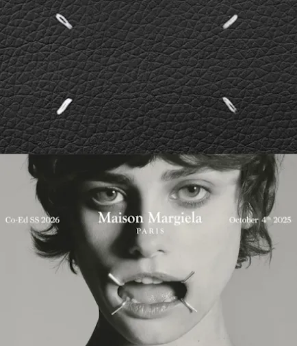 Maison Margiela Co-Ed SS 2026 campaign image: grained black leather with four white stitches above a portrait carrying the same motif
