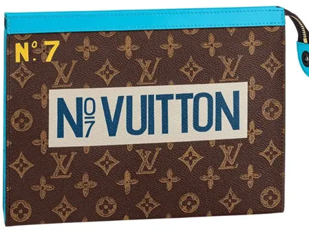 Louis Vuitton monogram pouch with a white panel reading “N°7 VUITTON” in blue